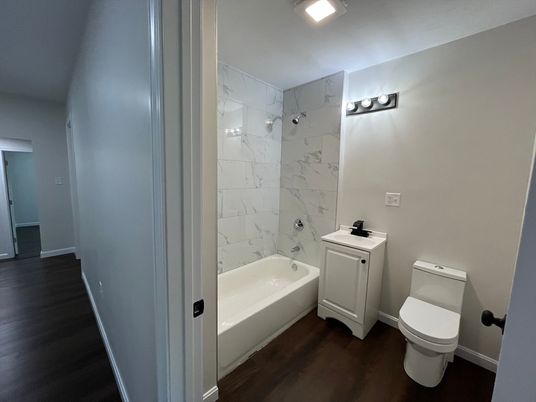 Bathroom, Interior, Marble Walls, Wood Texture Flooring