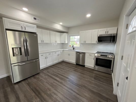 Interior, Kitchen, Recessed Lighting, Stainless Steel Appliances, Wood Texture Flooring