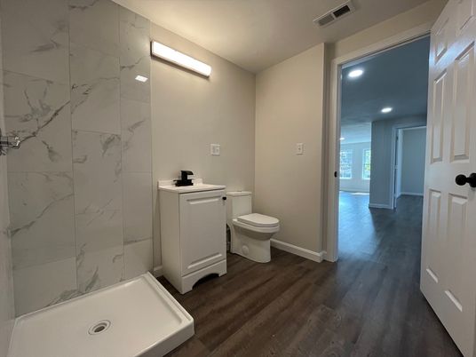 Bathroom, Interior, Marble Walls, Recessed Lighting, Wood Texture Flooring