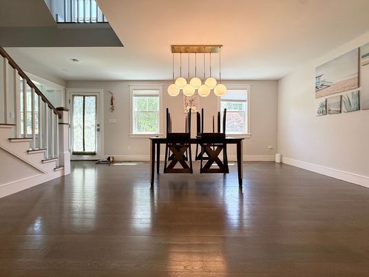 Dining room, Interior, Pendant Lights, Wood Texture Flooring