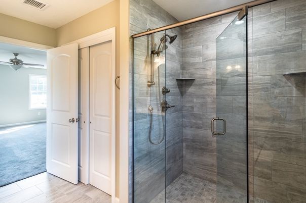 Bathroom, Glass Shower, Interior, Wood Texture Flooring