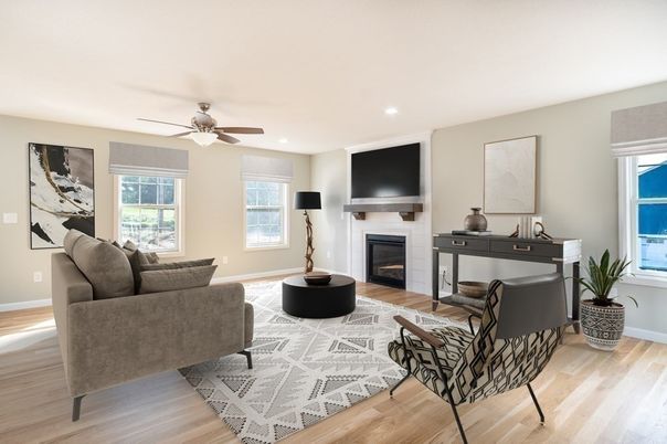 Fireplace, Interior, Living room, Recessed Lighting, Wood Texture Flooring