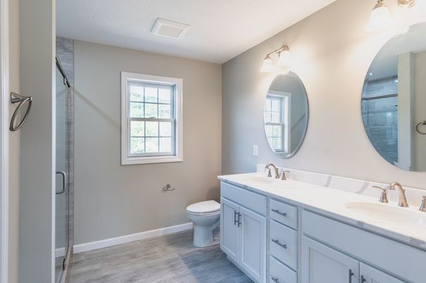 Bathroom, Dual Sink Vanities, Glass Shower, Interior, Wood Texture Flooring