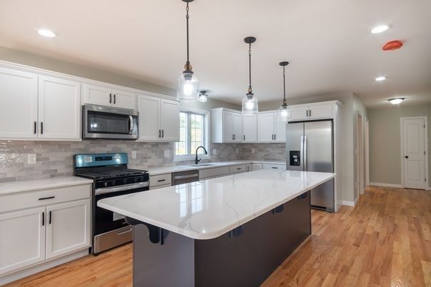 Interior, Kitchen, Pendant Lights, Recessed Lighting, Stainless Steel Appliances, Wood Texture Flooring
