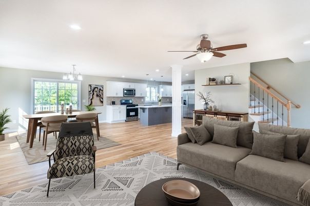 Dining room, Interior, Kitchen, Living room, Pendant Lights, Recessed Lighting, Stainless Steel Appliances, Wood Texture Flooring