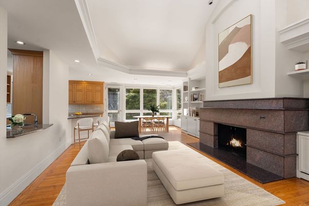 Dining room, Fireplace, Interior, Living room, Recessed Lighting, Wood Texture Flooring