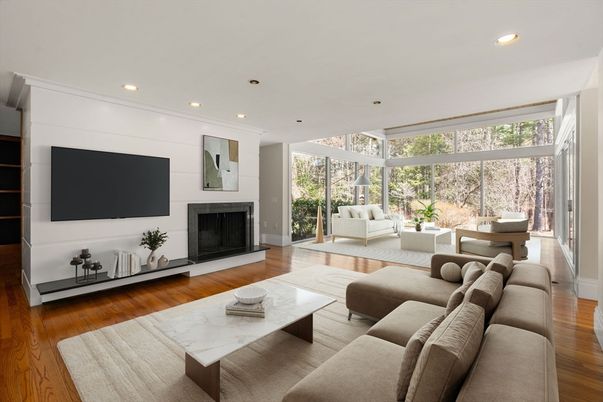 Fireplace, Interior, Living room, Recessed Lighting, Wood Texture Flooring
