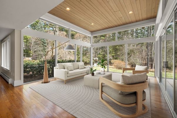 Interior, Living room, Recessed Lighting, Sun Room, Wooden Ceilings, Wood Texture Flooring