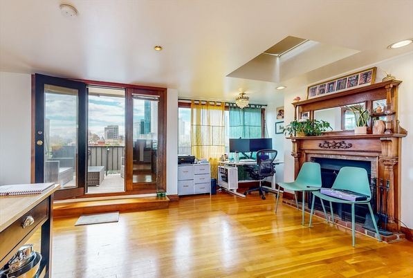 Fireplace, Home Office, Interior, Recessed Lighting, Wood Texture Flooring