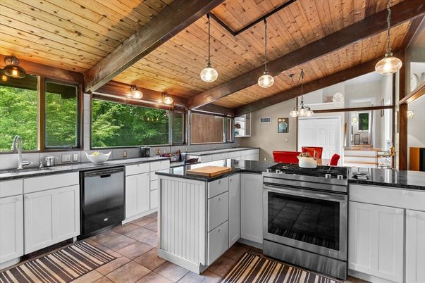 Interior, Kitchen, Pendant Lights, Stainless Steel Appliances, Wooden Beams, Wooden Ceilings