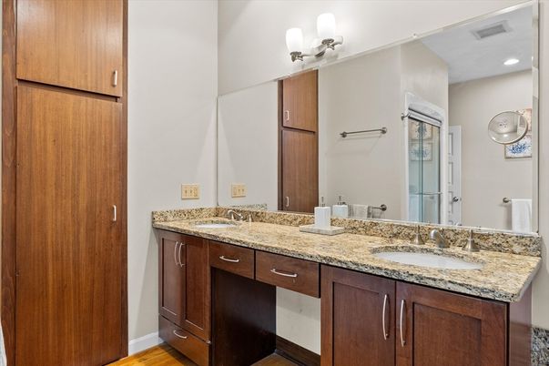 Bathroom, Dual Sink Vanities, Interior, Recessed Lighting, Wood Texture Flooring