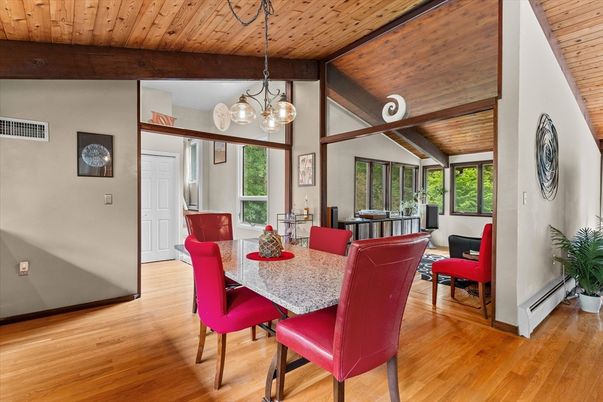 Dining room, Interior, Pendant Lights, Wooden Beams, Wooden Ceilings, Wood Texture Flooring