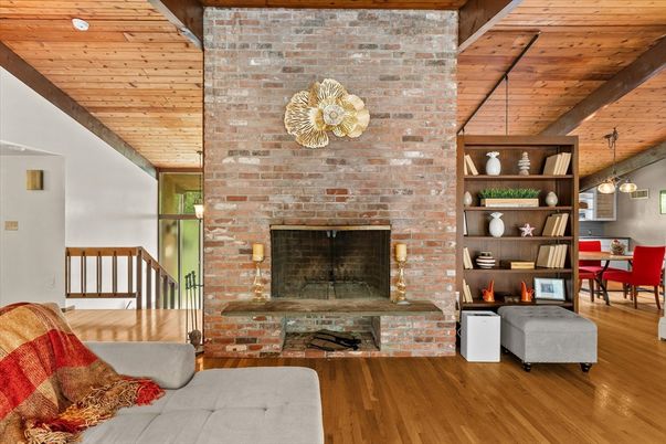Dining room, Fireplace, Interior, Pendant Lights, Stone Walls, Wooden Beams, Wooden Ceilings, Wood Texture Flooring