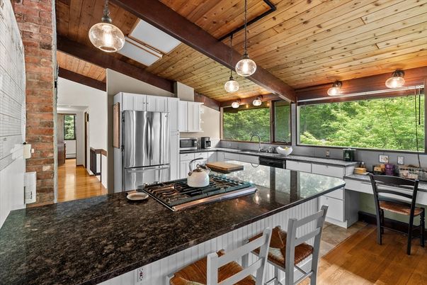 Interior, Kitchen, Pendant Lights, Stainless Steel Appliances, Stone Walls, Wooden Beams, Wooden Ceilings, Wood Texture Flooring
