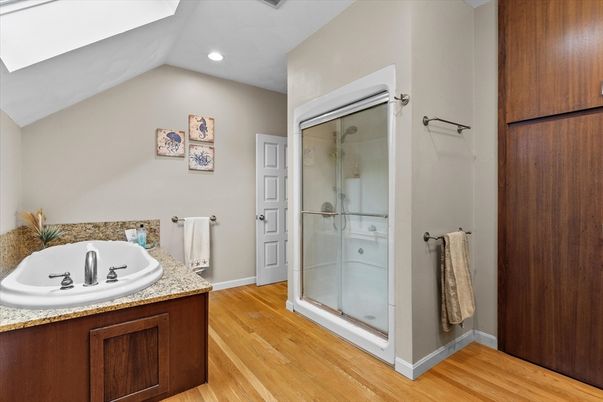 Bathroom, Glass Shower, Interior, Recessed Lighting, Wood Texture Flooring