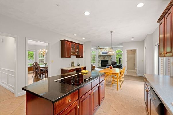 Chandelier, Dining room, Fireplace, Interior, Kitchen, Pendant Lights, Recessed Lighting