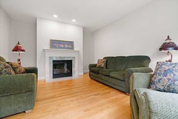Fireplace, Interior, Living room, Recessed Lighting, Wood Texture Flooring