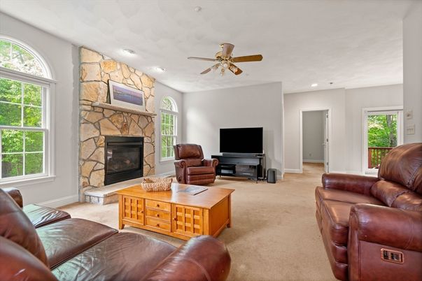 Fireplace, Interior, Living room, Recessed Lighting, Stone Walls