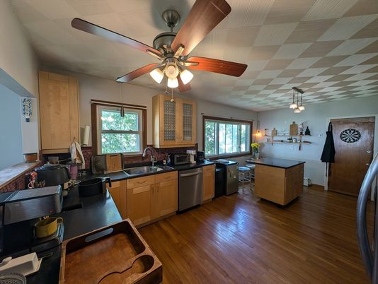 Interior, Kitchen, Pendant Lights, Wood Texture Flooring