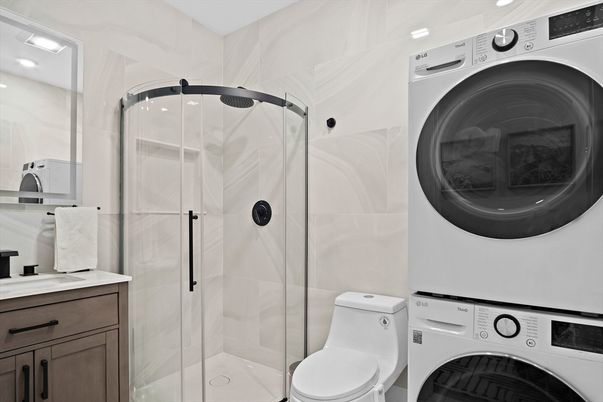 Bathroom, Glass Shower, Interior, Recessed Lighting, Washer