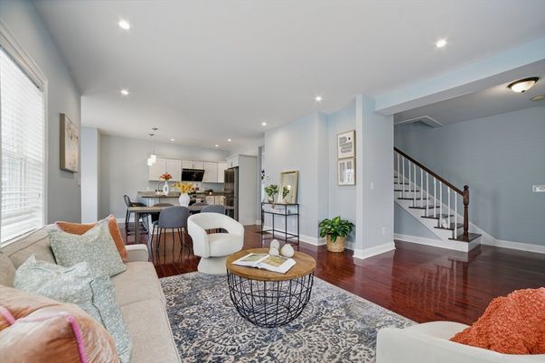 Dining room, Interior, Kitchen, Living room, Pendant Lights, Recessed Lighting, Stainless Steel Appliances, Wood Texture Flooring