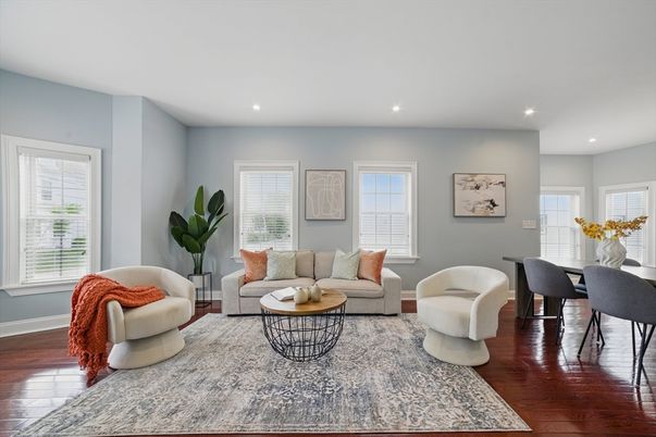 Dining room, Interior, Living room, Recessed Lighting, Wood Texture Flooring