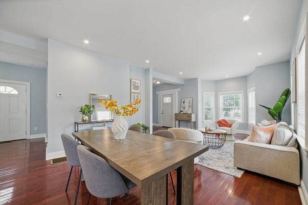 Dining room, Fireplace, Interior, Living room, Recessed Lighting, Wood Texture Flooring