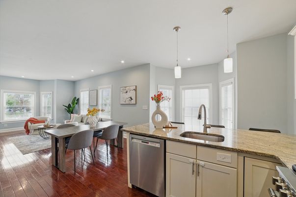 Dining room, Interior, Kitchen, Pendant Lights, Recessed Lighting, Stainless Steel Appliances, Wood Texture Flooring