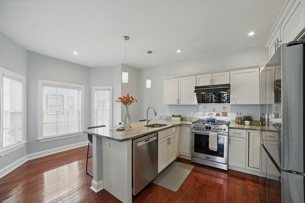 Interior, Kitchen, Pendant Lights, Recessed Lighting, Stainless Steel Appliances, Wood Texture Flooring