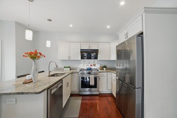 Interior, Kitchen, Pendant Lights, Recessed Lighting, Stainless Steel Appliances, Wood Texture Flooring