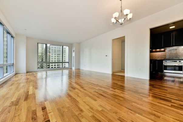Chandelier, Empty room, Interior, Kitchen, Stainless Steel Appliances, Wood Texture Flooring