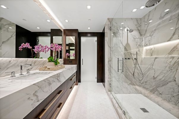 Bathroom, Dual Sink Vanities, Glass Shower, Interior, Marble Walls, Recessed Lighting