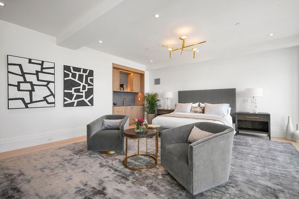 Bedroom, Interior, Pendant Lights, Recessed Lighting, Wood Texture Flooring
