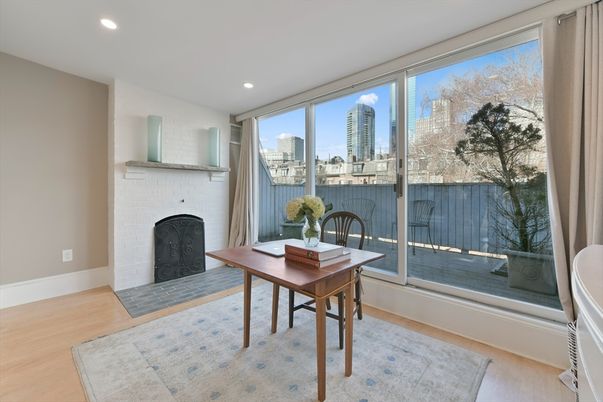 Fireplace, Home Office, Interior, Recessed Lighting, Wood Texture Flooring