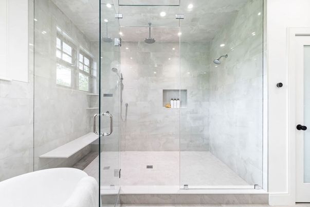 Bathroom, Glass Shower, Interior, Marble Walls, Recessed Lighting
