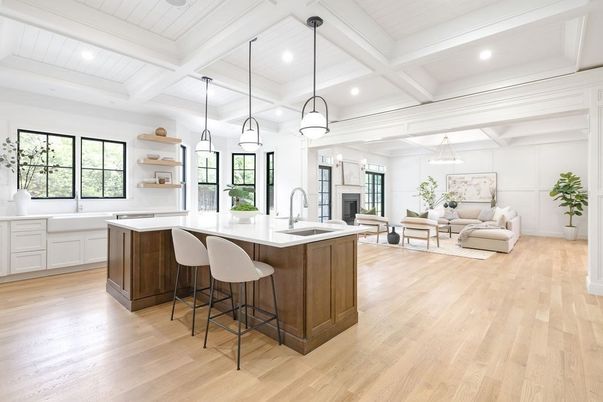 Interior, Kitchen, Living room, Pendant Lights, Recessed Lighting, Wood Texture Flooring