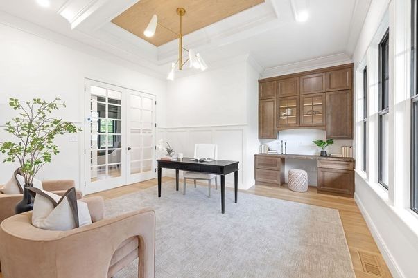 Home Office, Interior, Pendant Lights, Recessed Lighting, Wood Texture Flooring