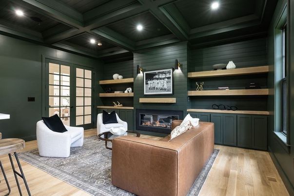Fireplace, Interior, Living room, Recessed Lighting, Wooden Ceilings, Wood Texture Flooring