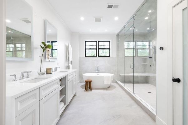 Bathroom, Dual Sink Vanities, Free Standing Baths, Glass Shower, Interior, Marble, Recessed Lighting