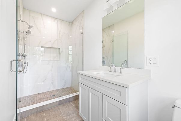 Bathroom, Glass Shower, Interior, Marble Walls, Recessed Lighting
