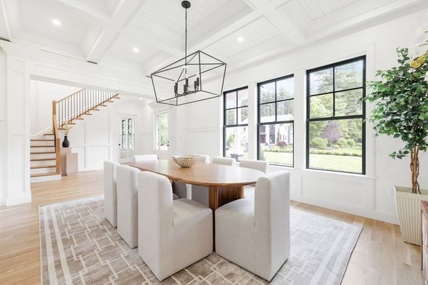 Dining room, Interior, Pendant Lights, Recessed Lighting, Wood Texture Flooring