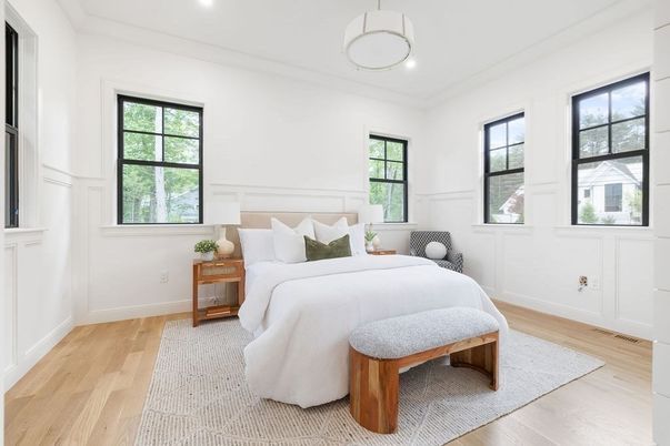 Bedroom, Interior, Pendant Lights, Recessed Lighting, Wood Texture Flooring