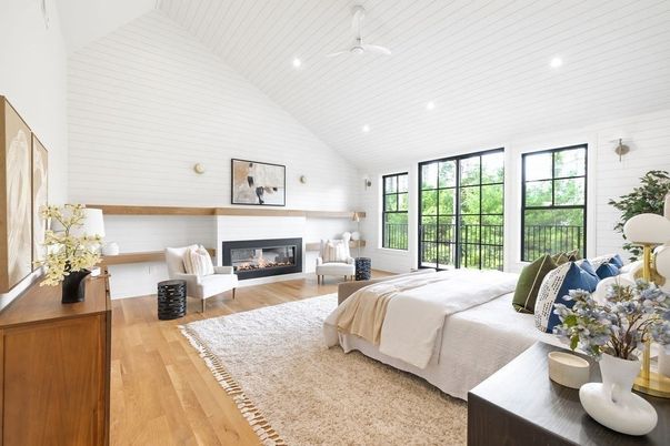 Bedroom, Fireplace, Interior, Recessed Lighting, Wood Texture Flooring