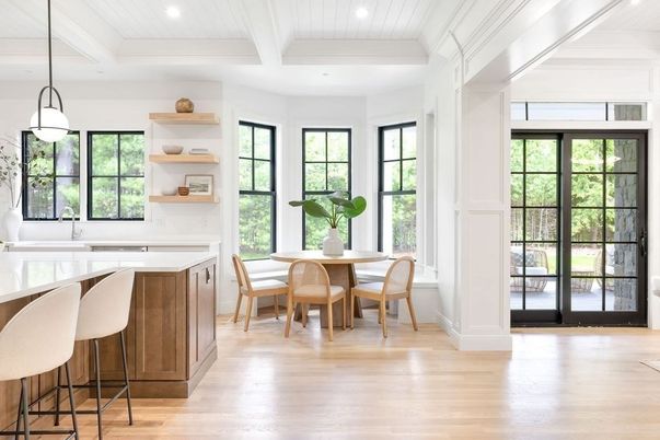 Dining room, Interior, Pendant Lights, Recessed Lighting, Wood Texture Flooring