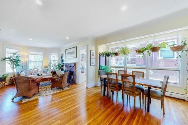 Dining room, Fireplace, Interior, Living room, Recessed Lighting, Wood Texture Flooring