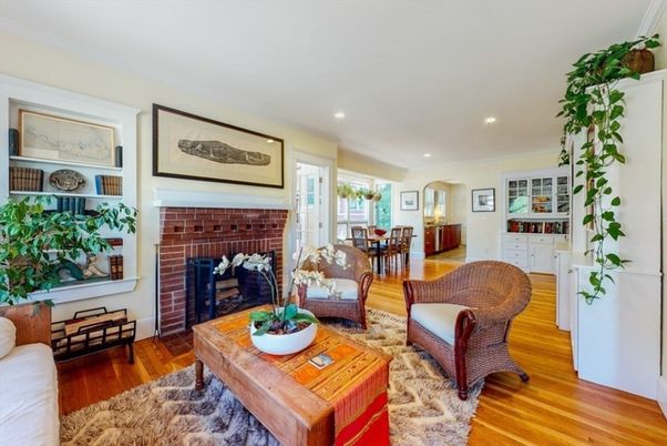 Dining room, Fireplace, Interior, Living room, Recessed Lighting, Wood Texture Flooring