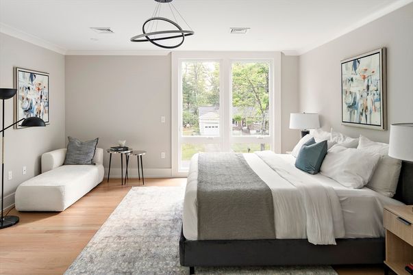 Bedroom, Interior, Pendant Lights, Wood Texture Flooring