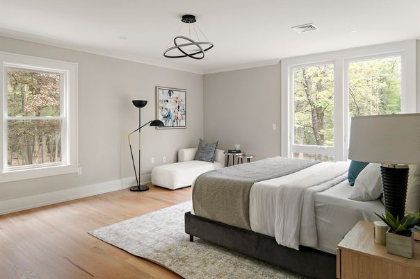 Bedroom, Interior, Pendant Lights, Wood Texture Flooring
