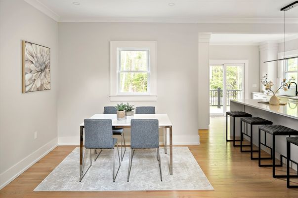 Dining room, Interior, Pendant Lights, Recessed Lighting, Wood Texture Flooring