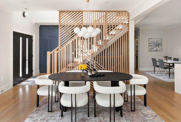 Dining room, Interior, Pendant Lights, Wood Texture Flooring